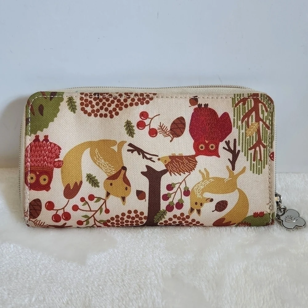 Lily Bloom Forest Owl Fox Porcupine Tan Green Zip Around Wallet